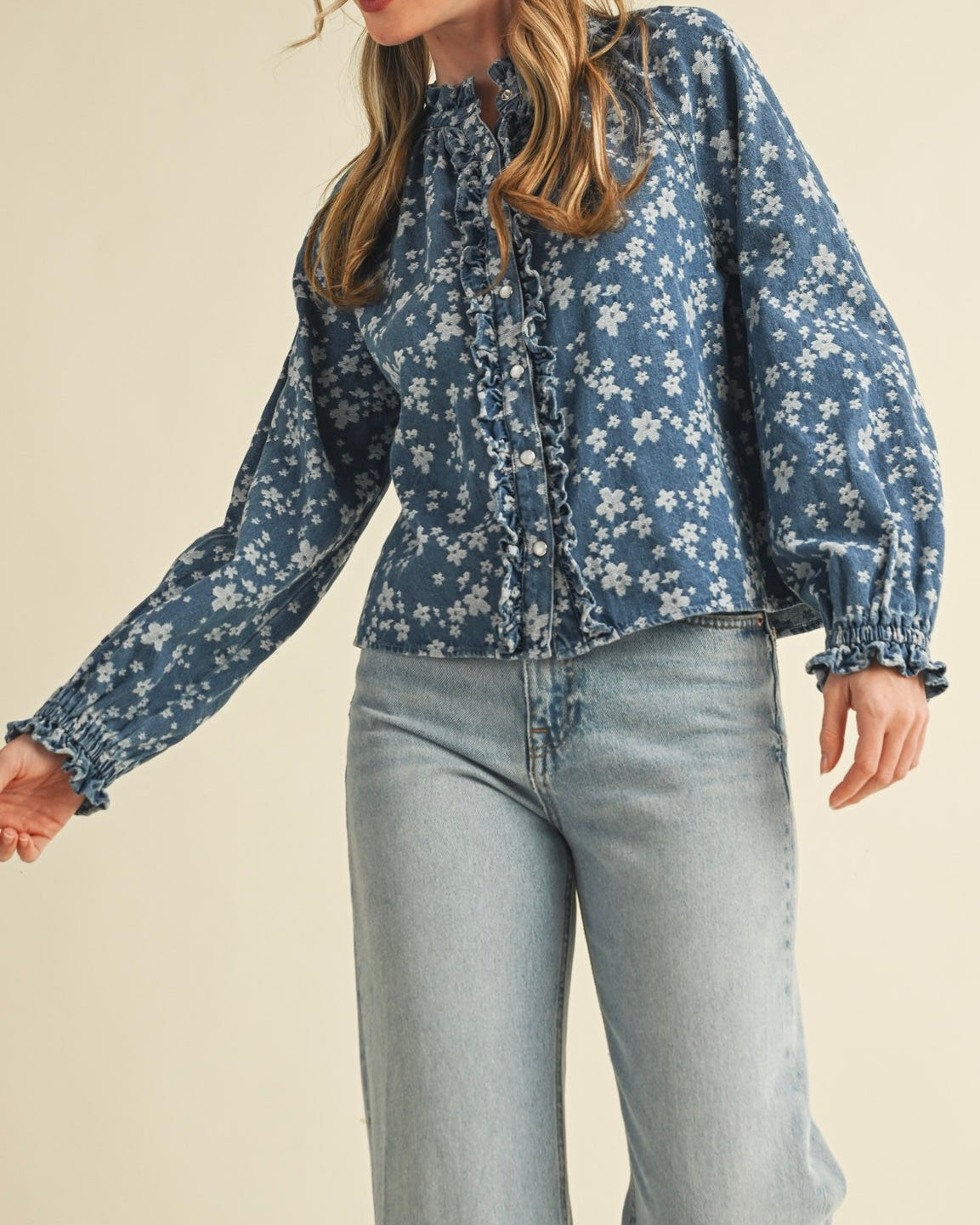 Denim Floral Print Long Sleeve Top - Blackbird Boutique