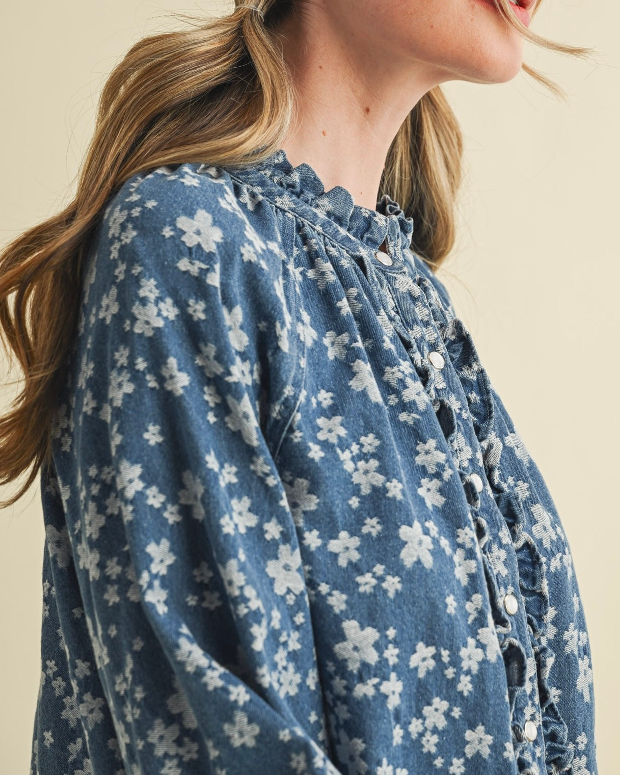 Denim Floral Print Long Sleeve Top - Blackbird Boutique
