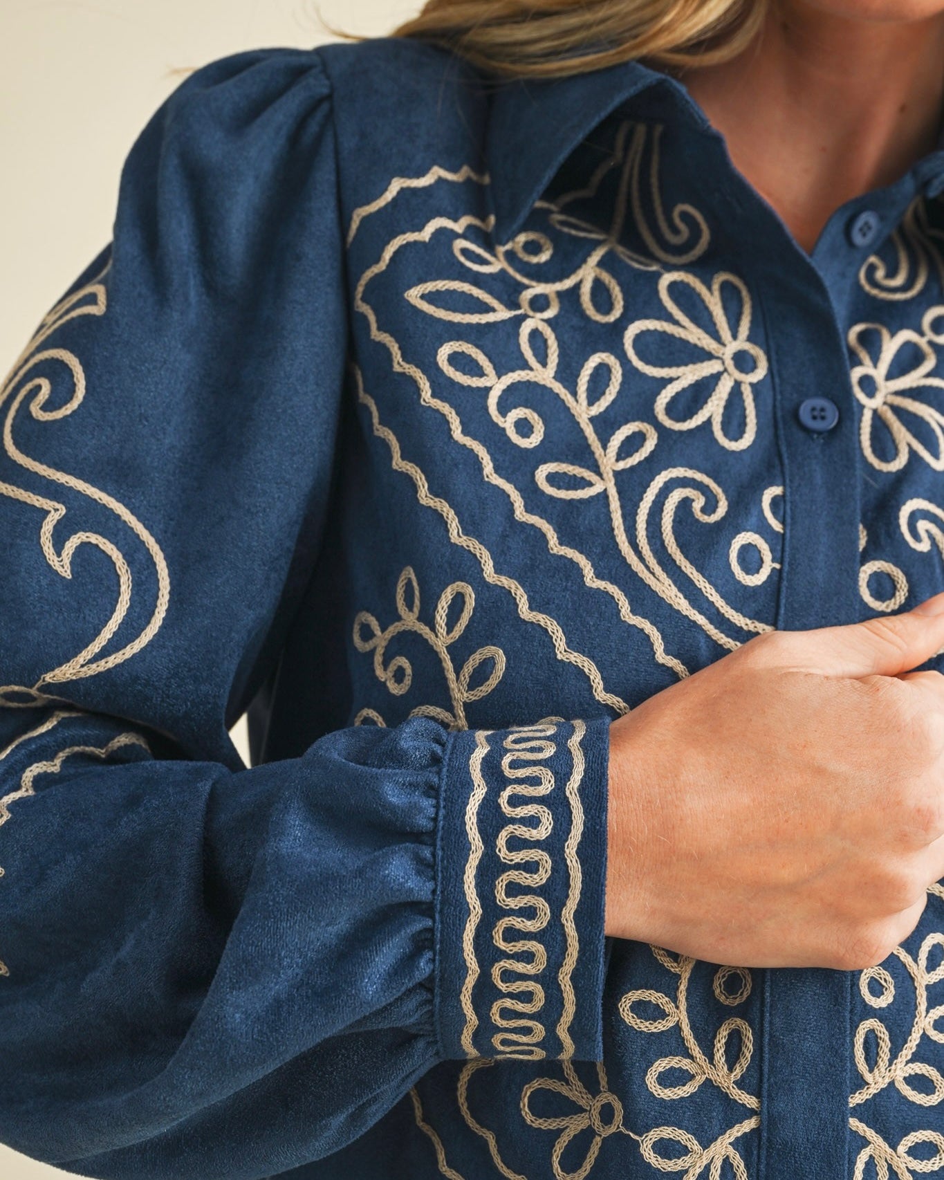 Embroidered Suede Feel Button Front Top