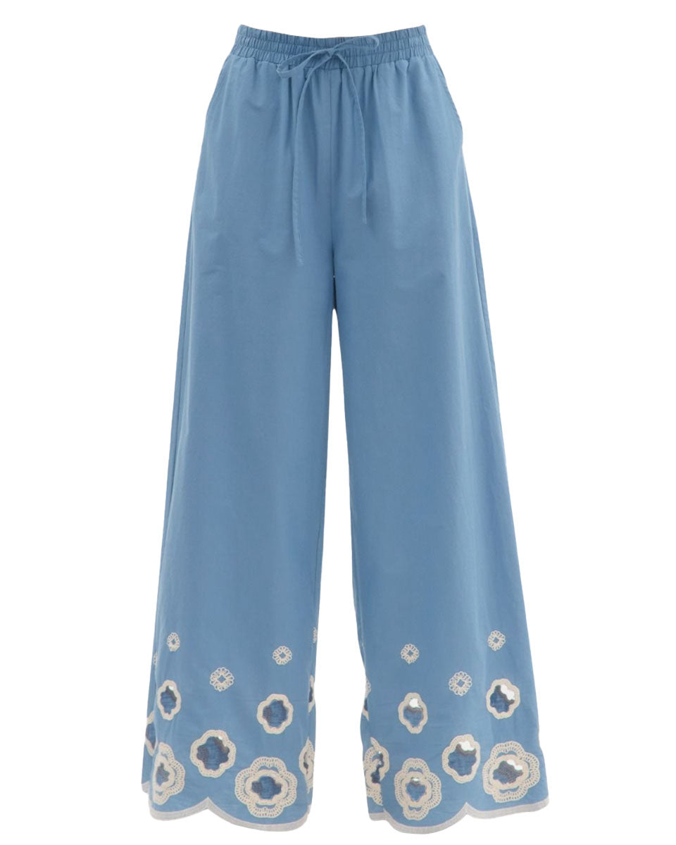 Scallop Embroidered Hem Wide Leg Pants in Blue - Blackbird Boutique