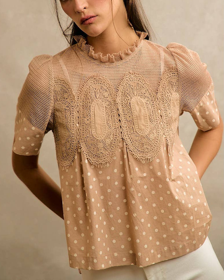 Model wearing a beige blouse with polka dots and lace details against a neutral background
