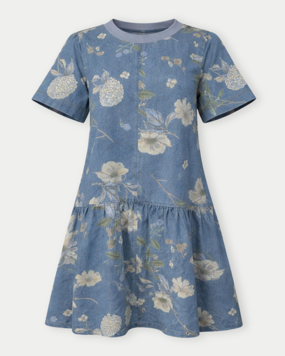 Botanical Short Sleeve Mini Denim Dress - Blackbird Boutique