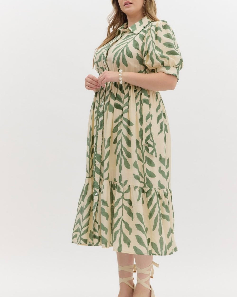 Botanical Print Button Front Midi Dress in Olive - Blackbird Boutique