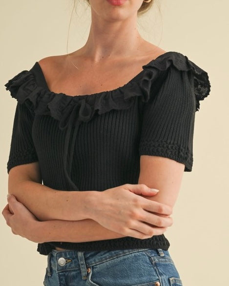 Square Neck Crochet Trim Sweater Top - Blackbird Boutique