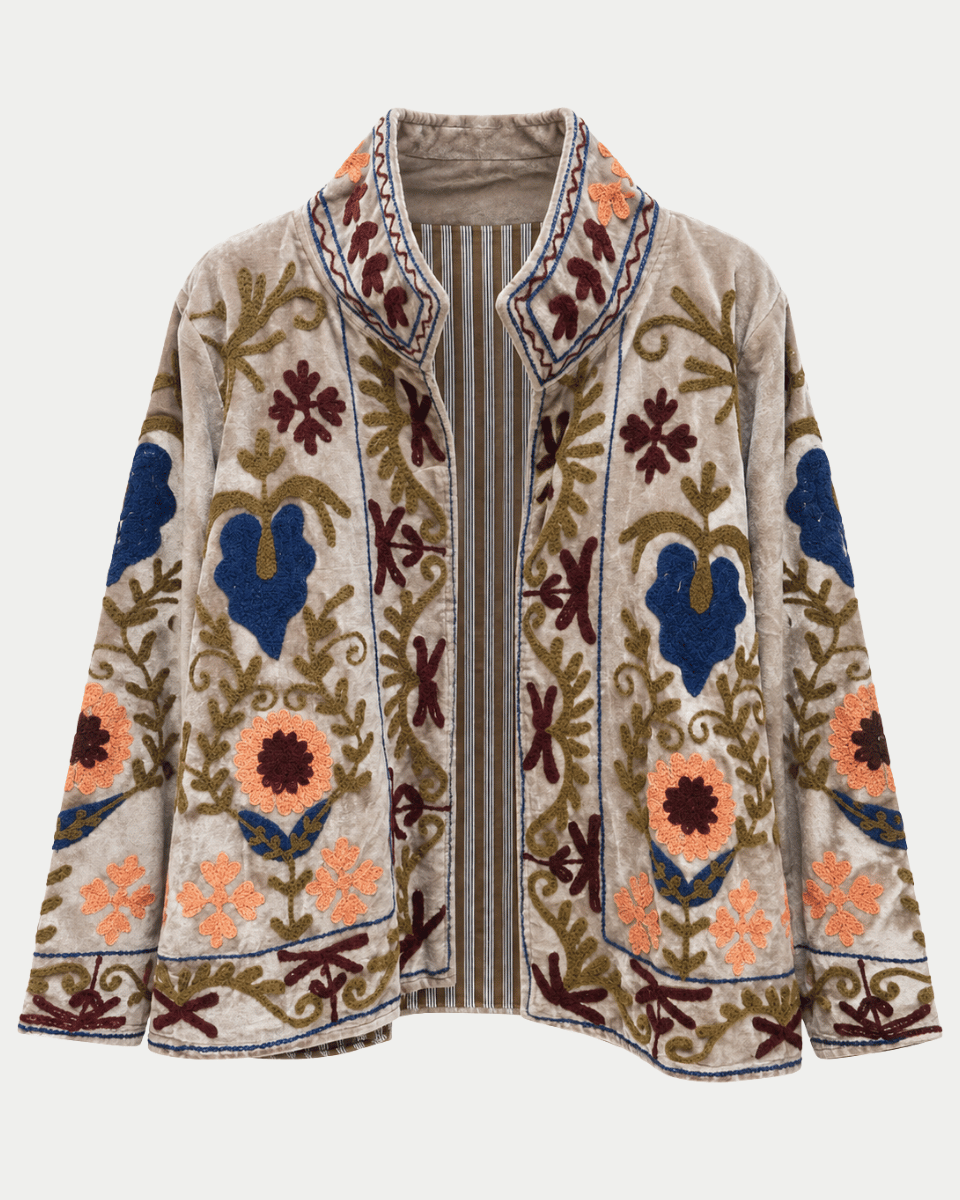 Vine Motifs Embroidered Long Sleeve Contrast Velvet Jacket - Blackbird Boutique