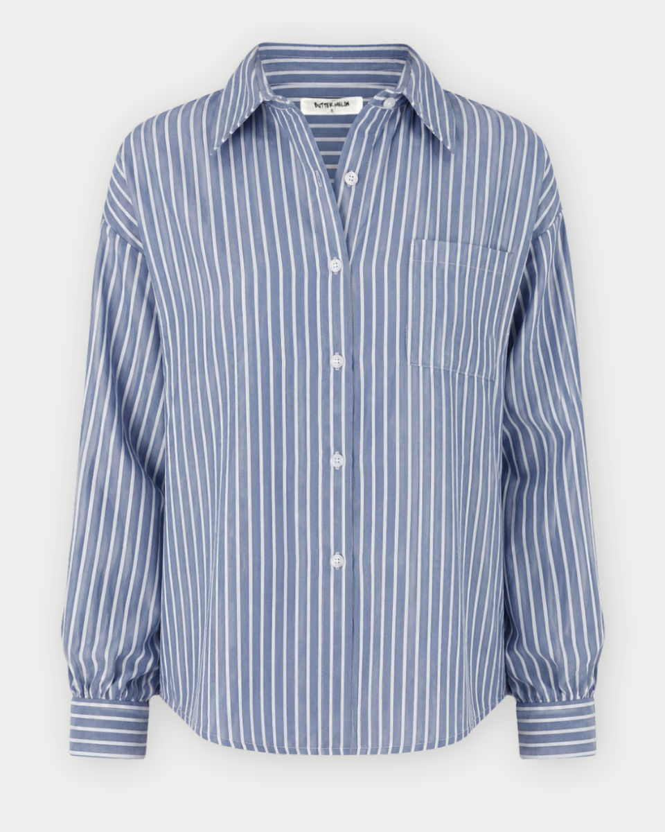 Striped Button-Up Collared Long Sleeve Shirt in Blue