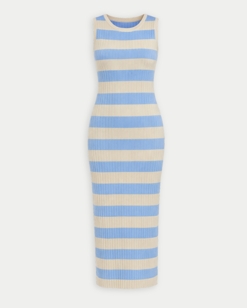 Striped Ribbed Midi Knit Sweater dress in taupe/sky L