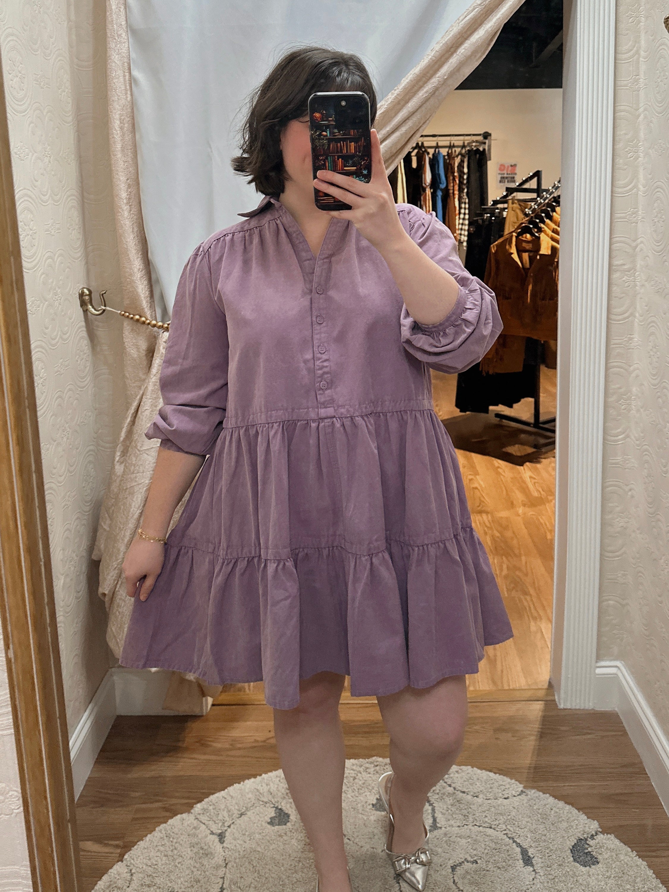 TIERED BUTTON DOWN WASHED DENIM MINI DRESS