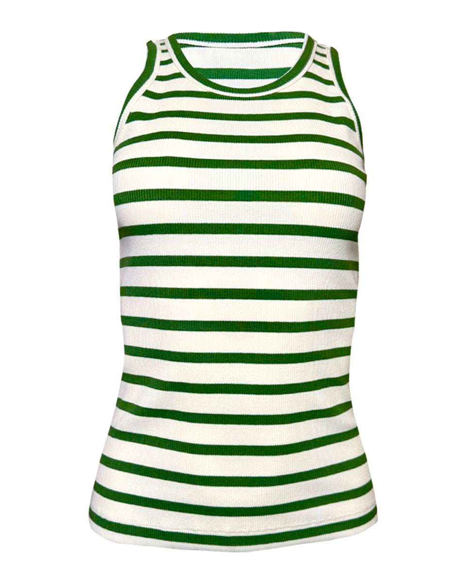STRIPE RIBBED BOUND CREW NECK TANK TOP