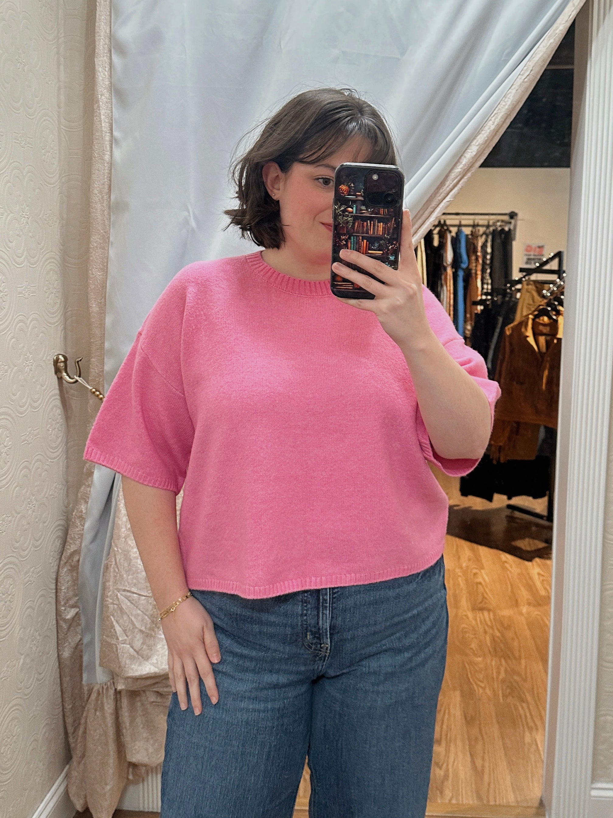 SHORT SLEEVE CREW NECK BOXY SWEATER TOP