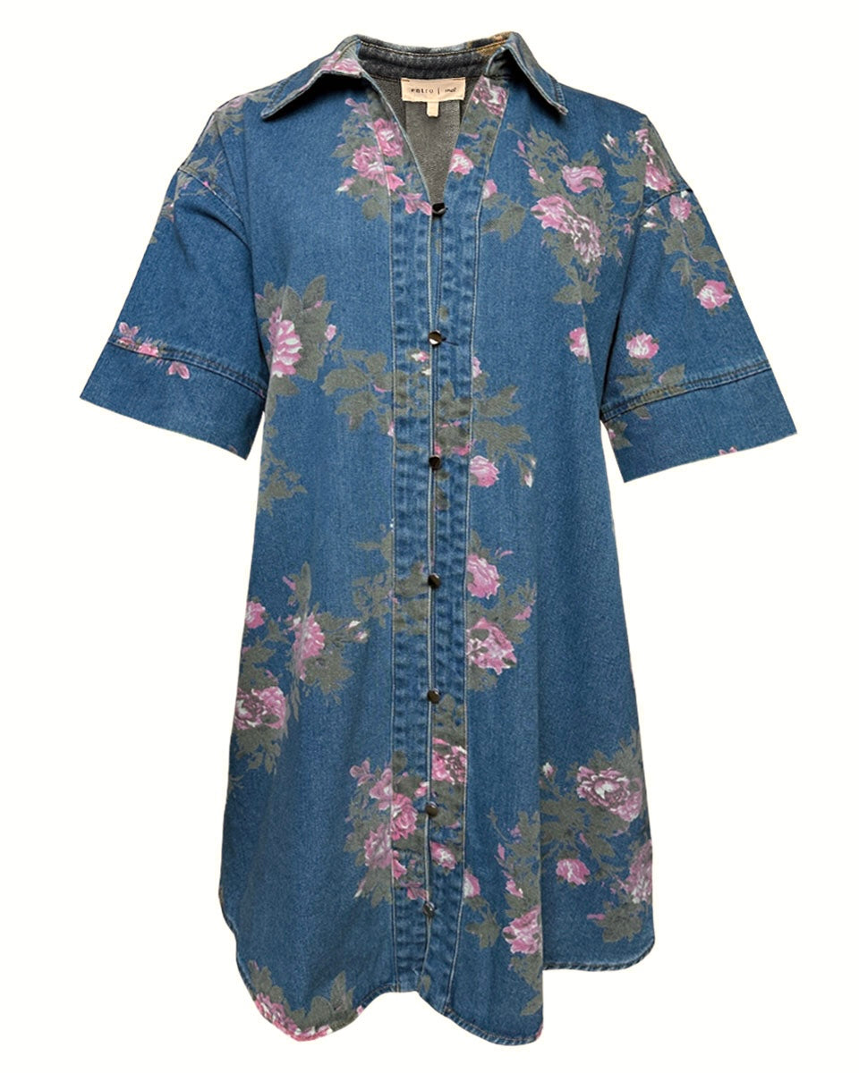 Button Front Floral Mini Denim Dress - Blackbird Boutique