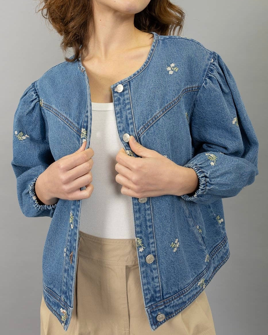 Embroidered Round Neck Denim Jacket - Blackbird Boutique