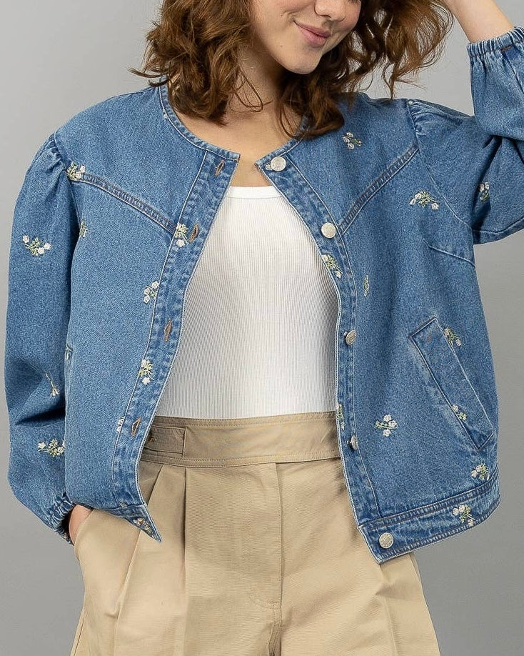 Embroidered Round Neck Denim Jacket - Blackbird Boutique