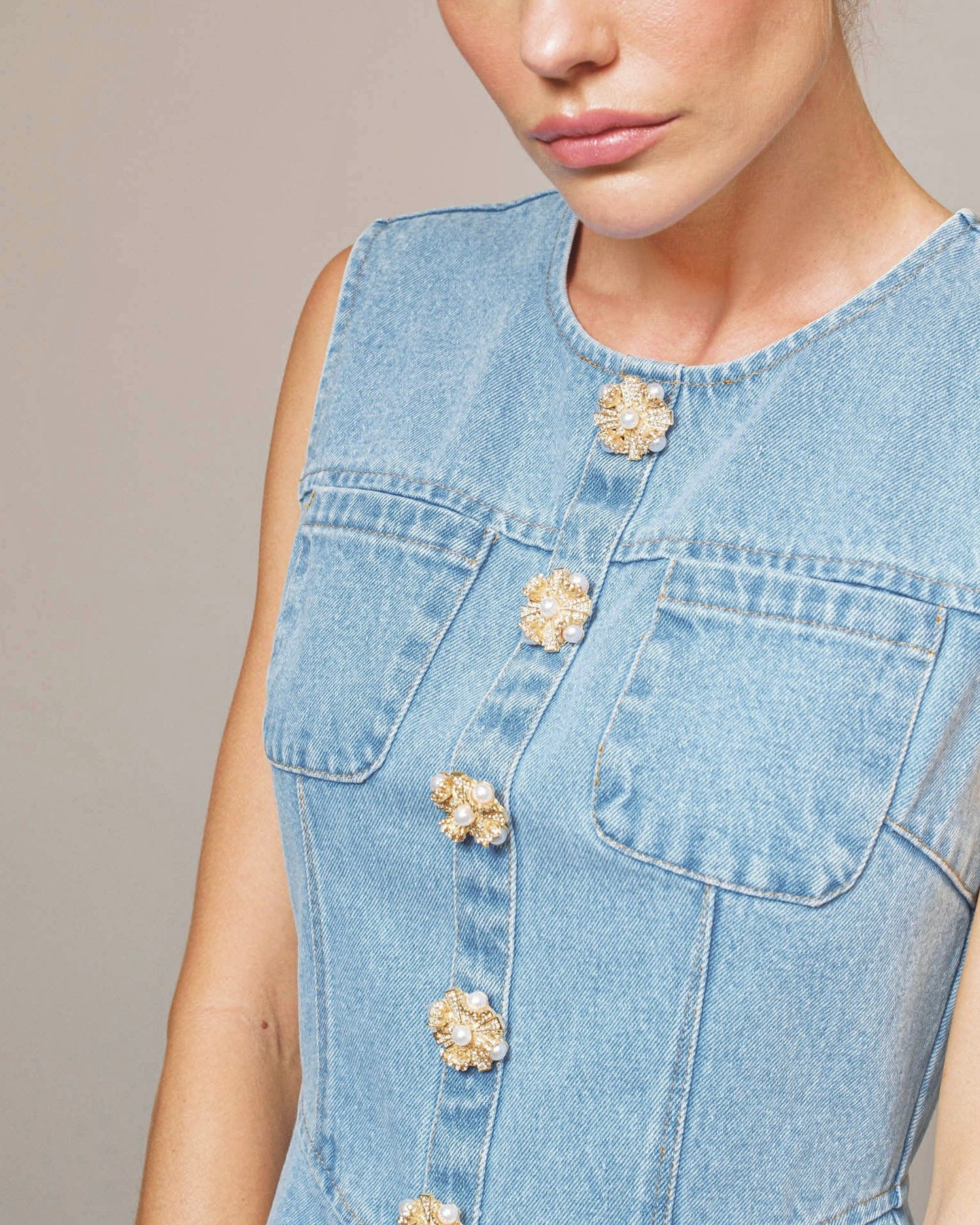 Jeweled Button Denim Flare Mini Dress - Blackbird Boutique