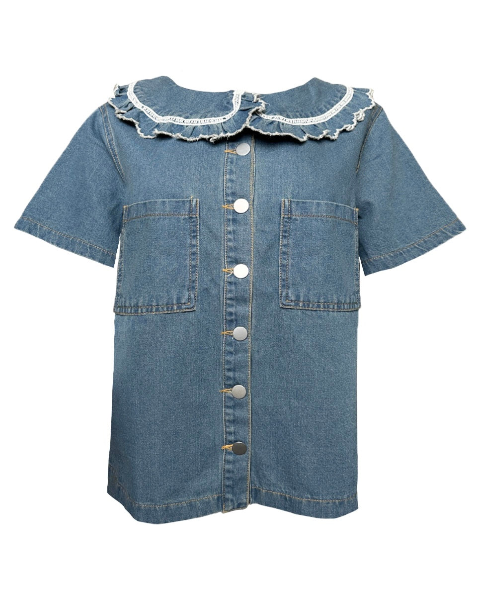 Denim Blouse with Ruffled Collar - Blackbird Boutique