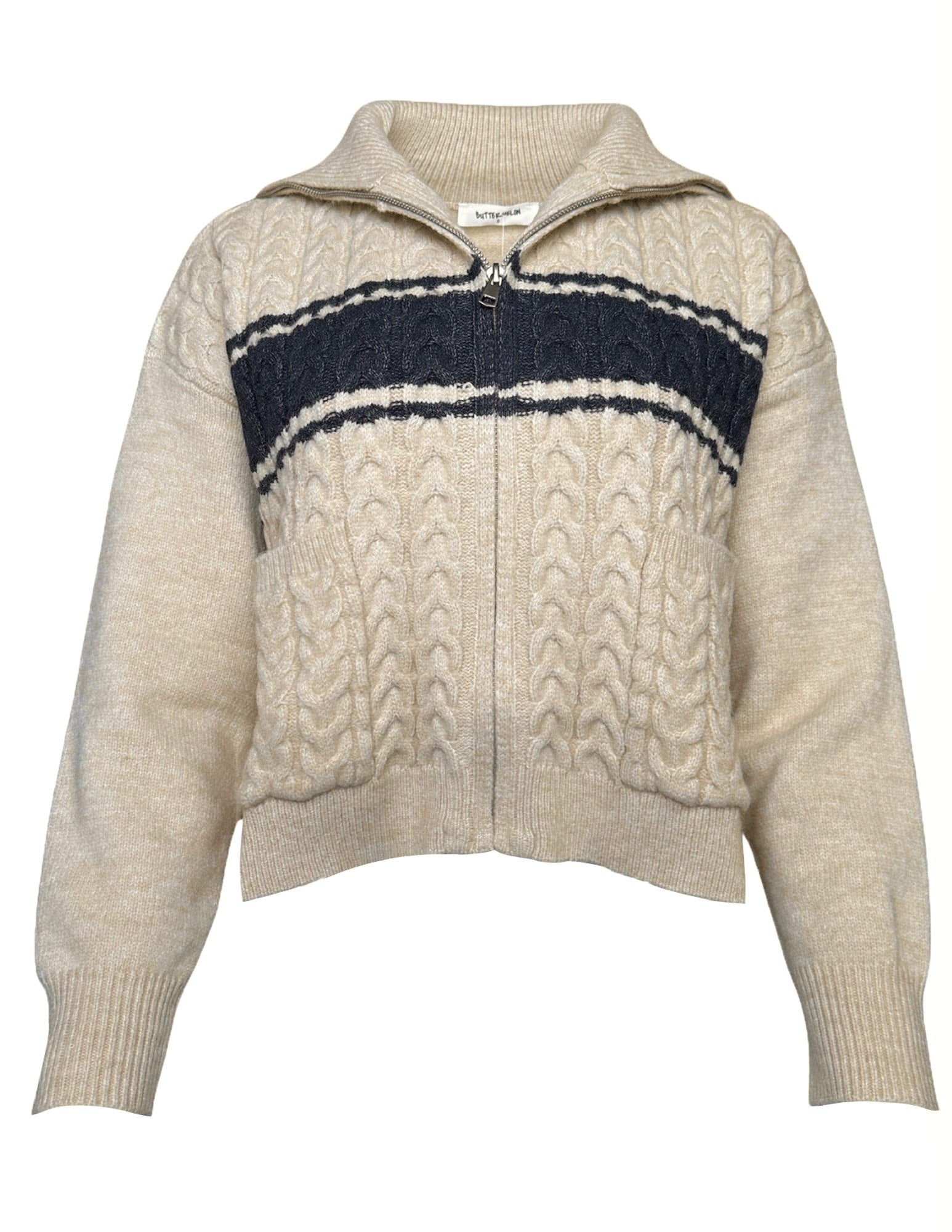 Zip Front Taupe Sweater with Blue Stripe