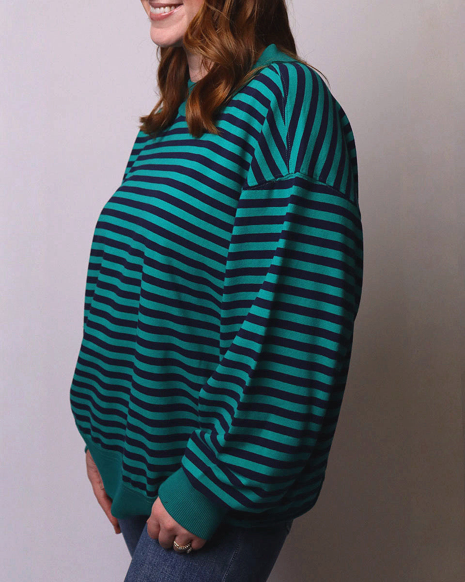 Gemma Oversized Contrast Stripe Mock Neck Terry Pullover in Emerald/Navy - Blackbird Boutique