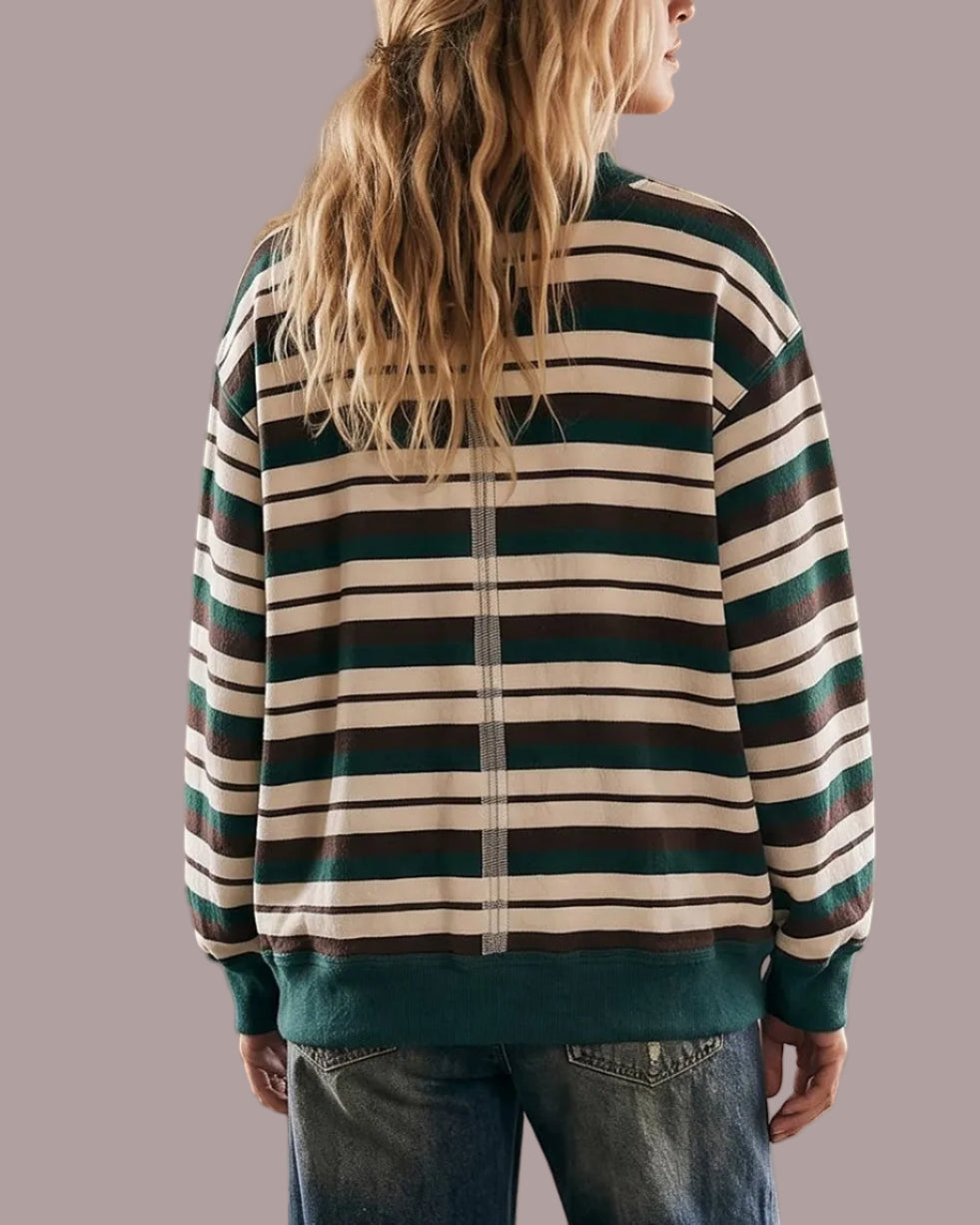 A model wearing a striped sweatshirt in brown, cream and hunter green on a neutral background back view