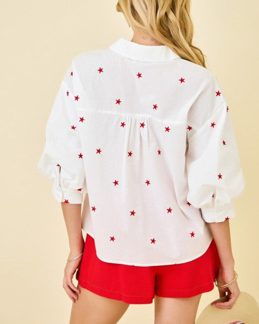 Honor Red Star Embroidered Button Down Shirt with Puff Sleeves - Blackbird Boutique Worn on a model with a neutral background. back view