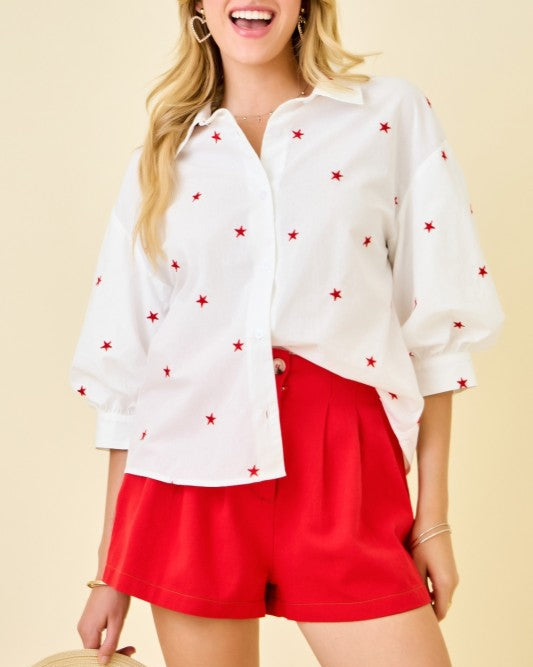 Honor Red Star Embroidered Button Down Shirt with Puff Sleeves - Blackbird Boutique Worn on a model with a neutral background. front view
