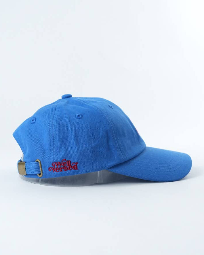Blue cap with a logo on a white background