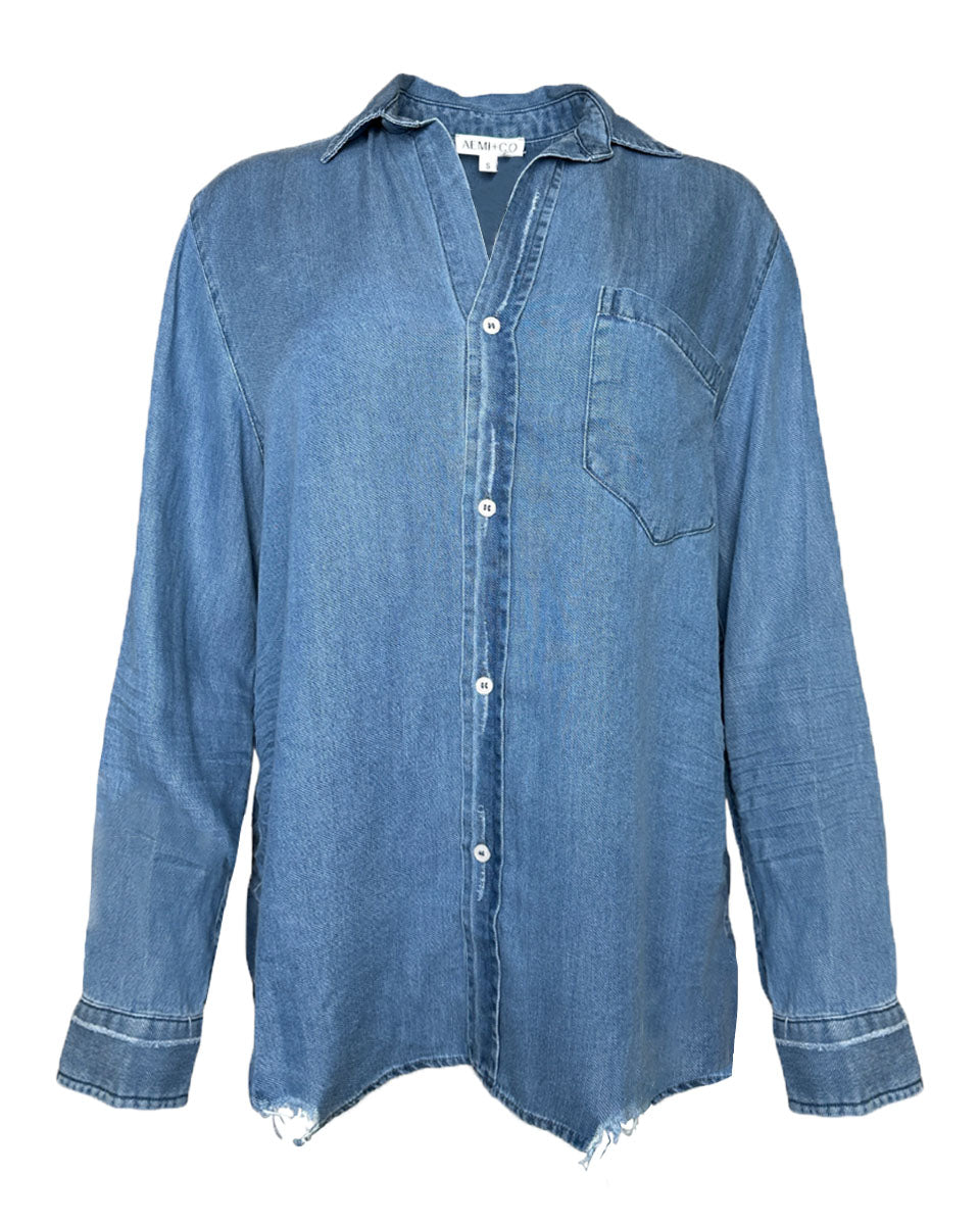 Denim Button-Up with Raw Hem - Blackbird Boutique