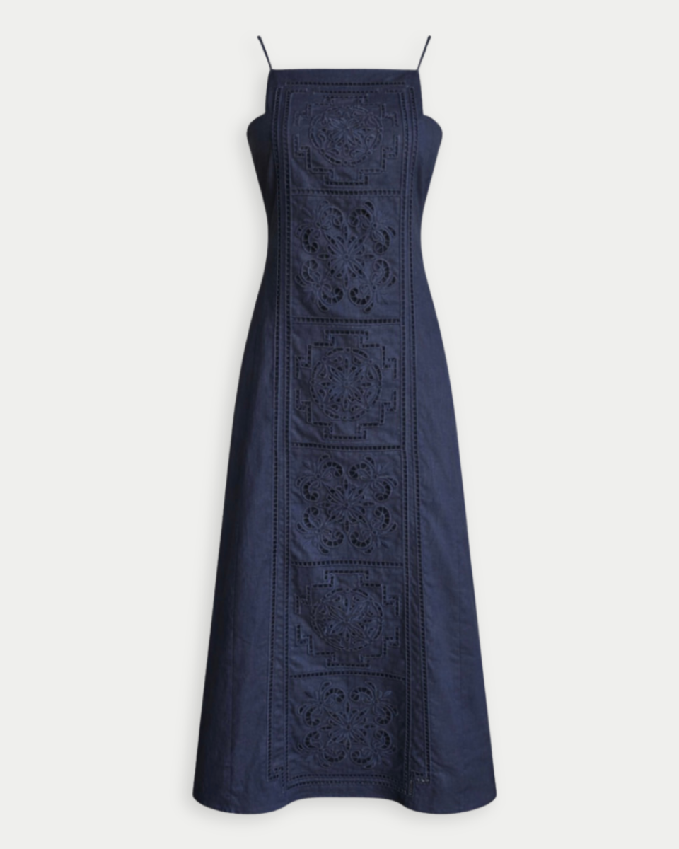 Embroidery Midi Dress In Navy Blue with Spaghetti Straps