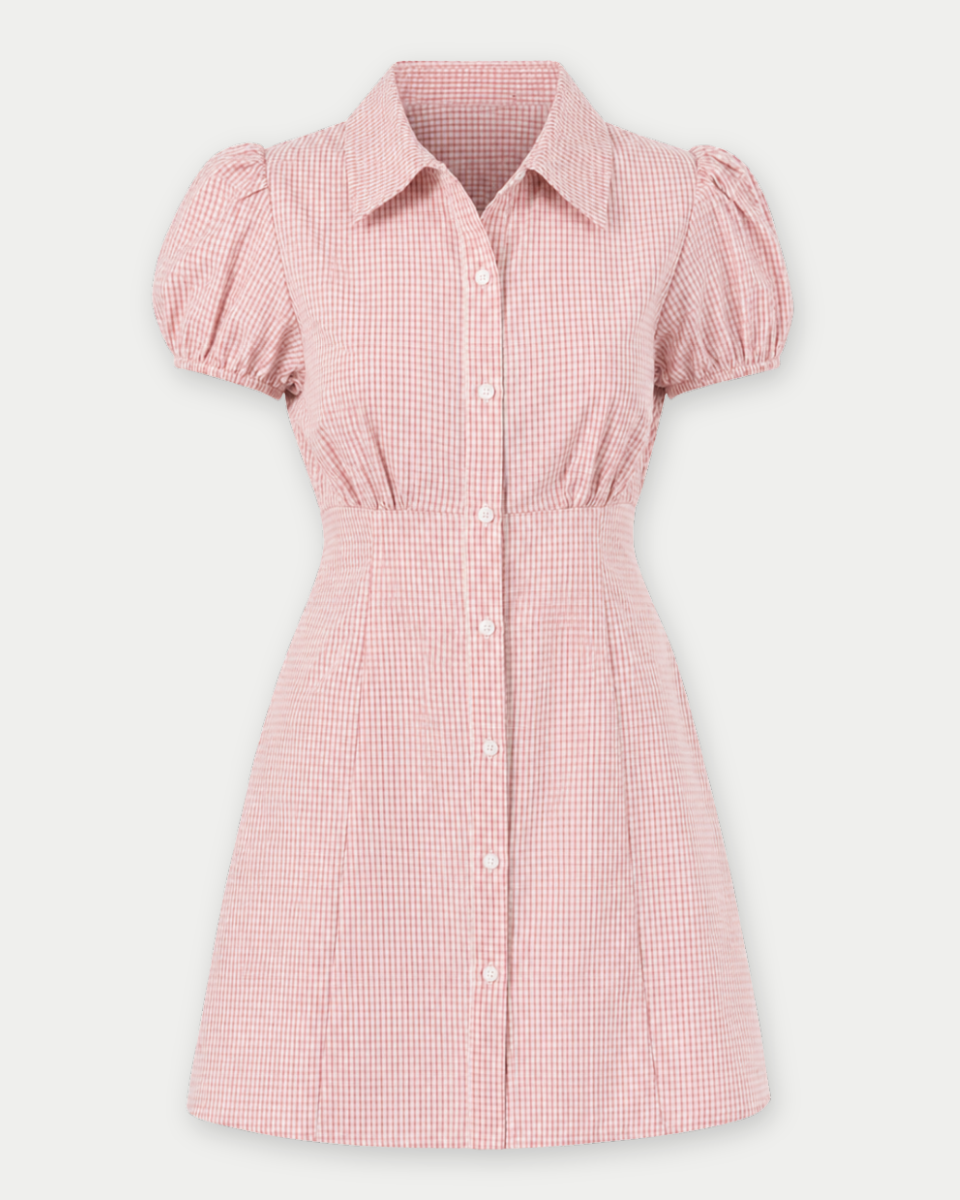 Pink checkered dress with puff sleeves on a white background