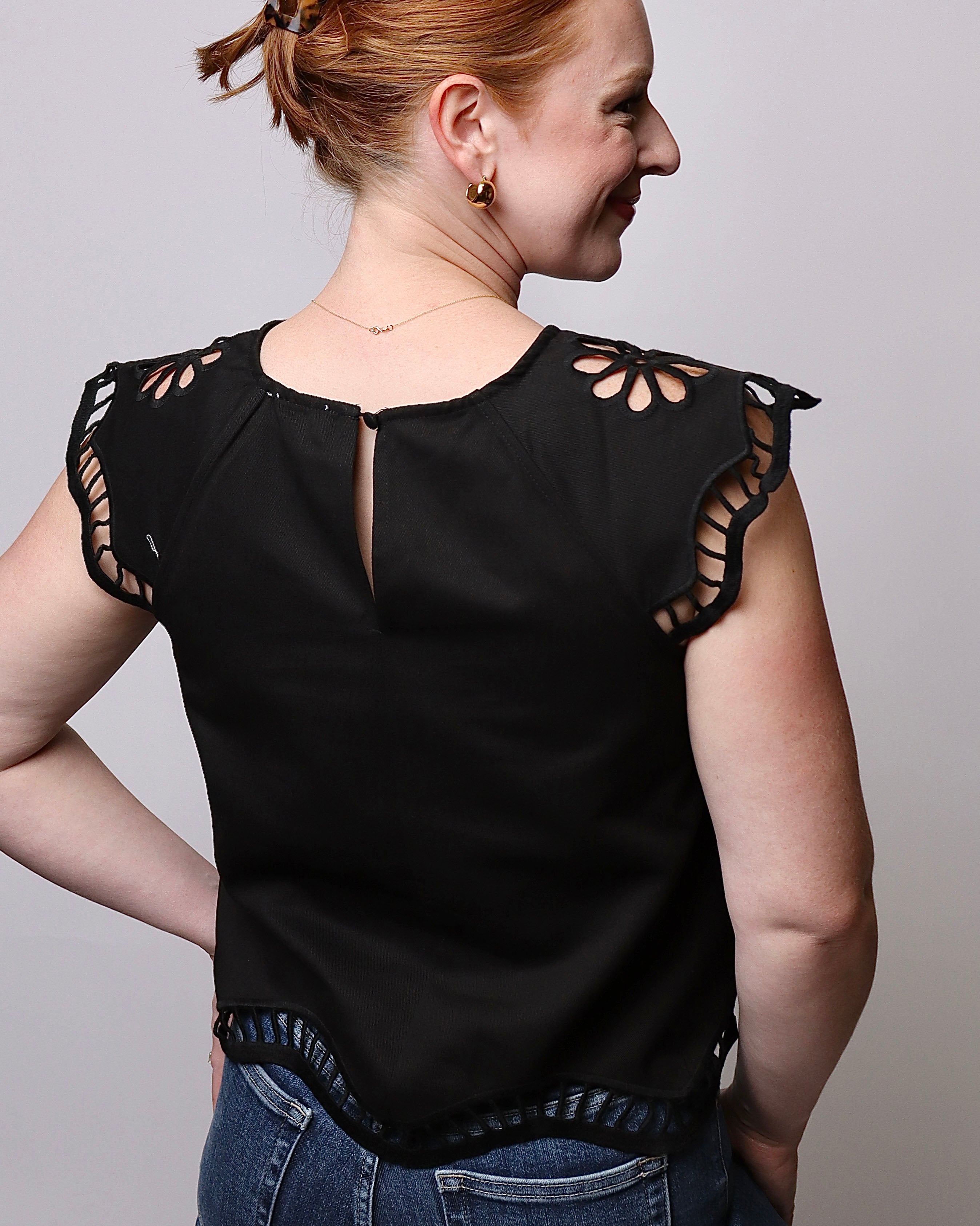 Emmy Embroidered Cut-Out Cap Sleeve Top in Black