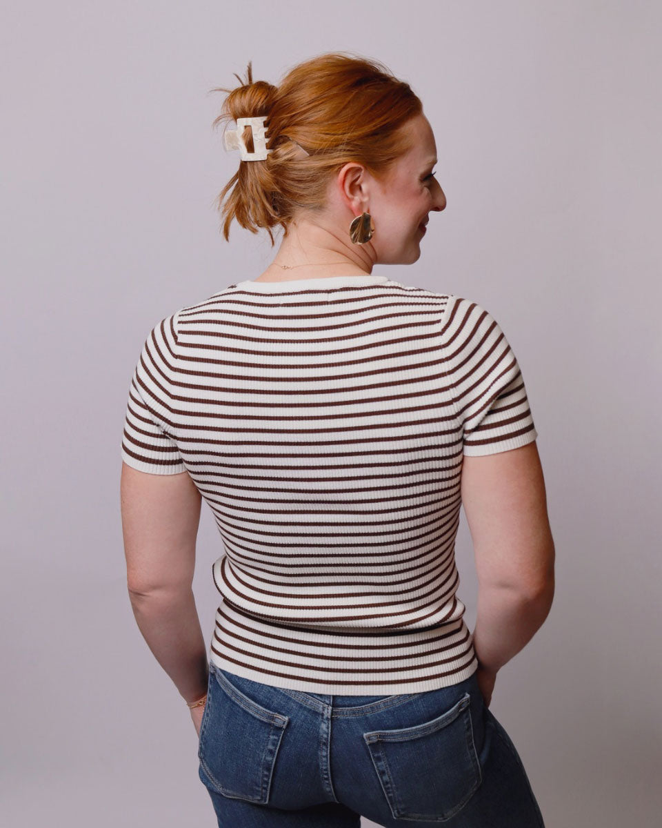 Jaclyn Striped Ribbed Short Sleeve Crew Neck Knit Top Brown Stripe