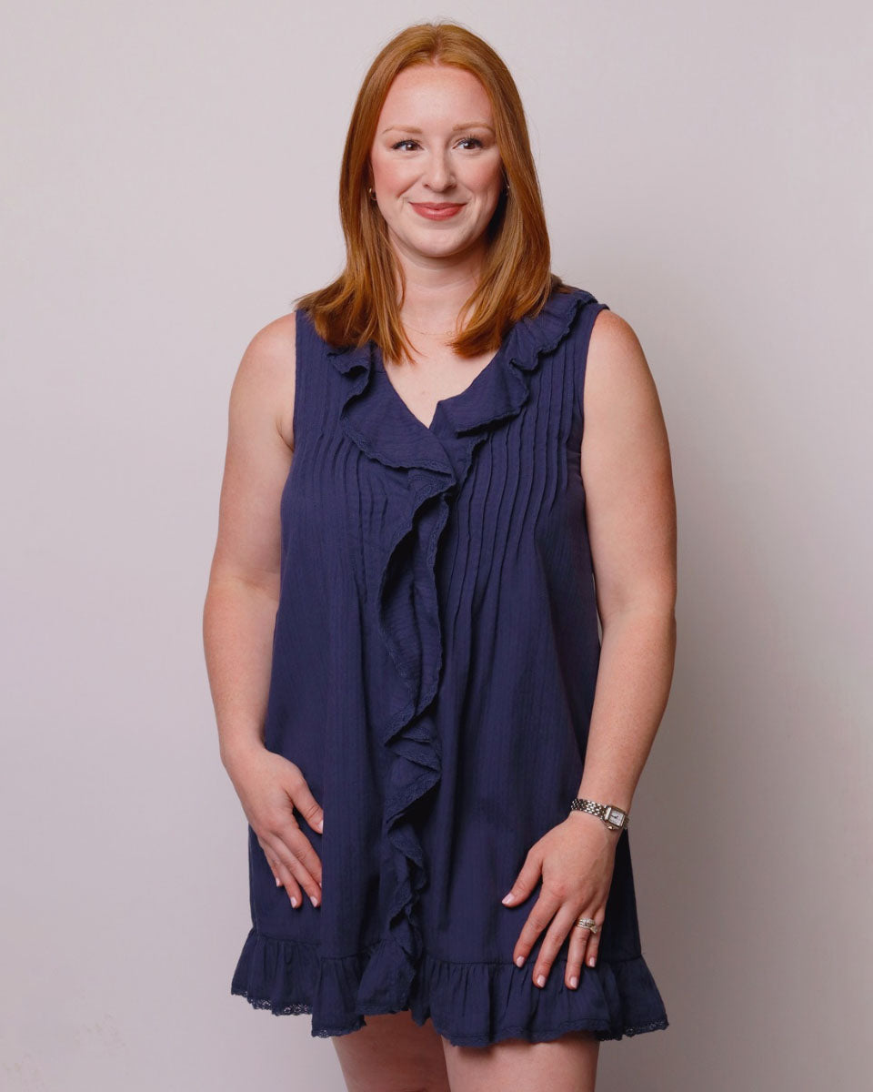 Julianne Navy Ruffle Trim Pintuck Dress