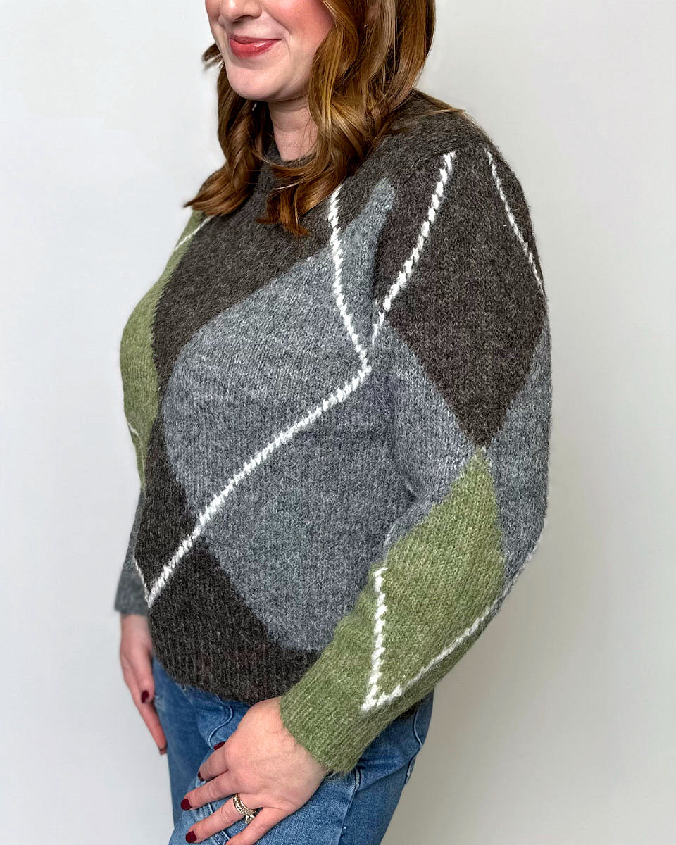 Juno Argyle Long Sleeve Crewneck Sweater - Blackbird Boutique