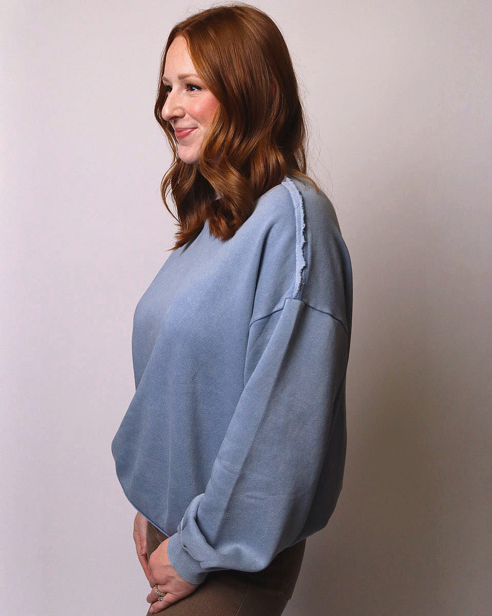 Lacie Acid Washed Mock Neck Sweatshirt in Dusty Blue - Blackbird Boutique