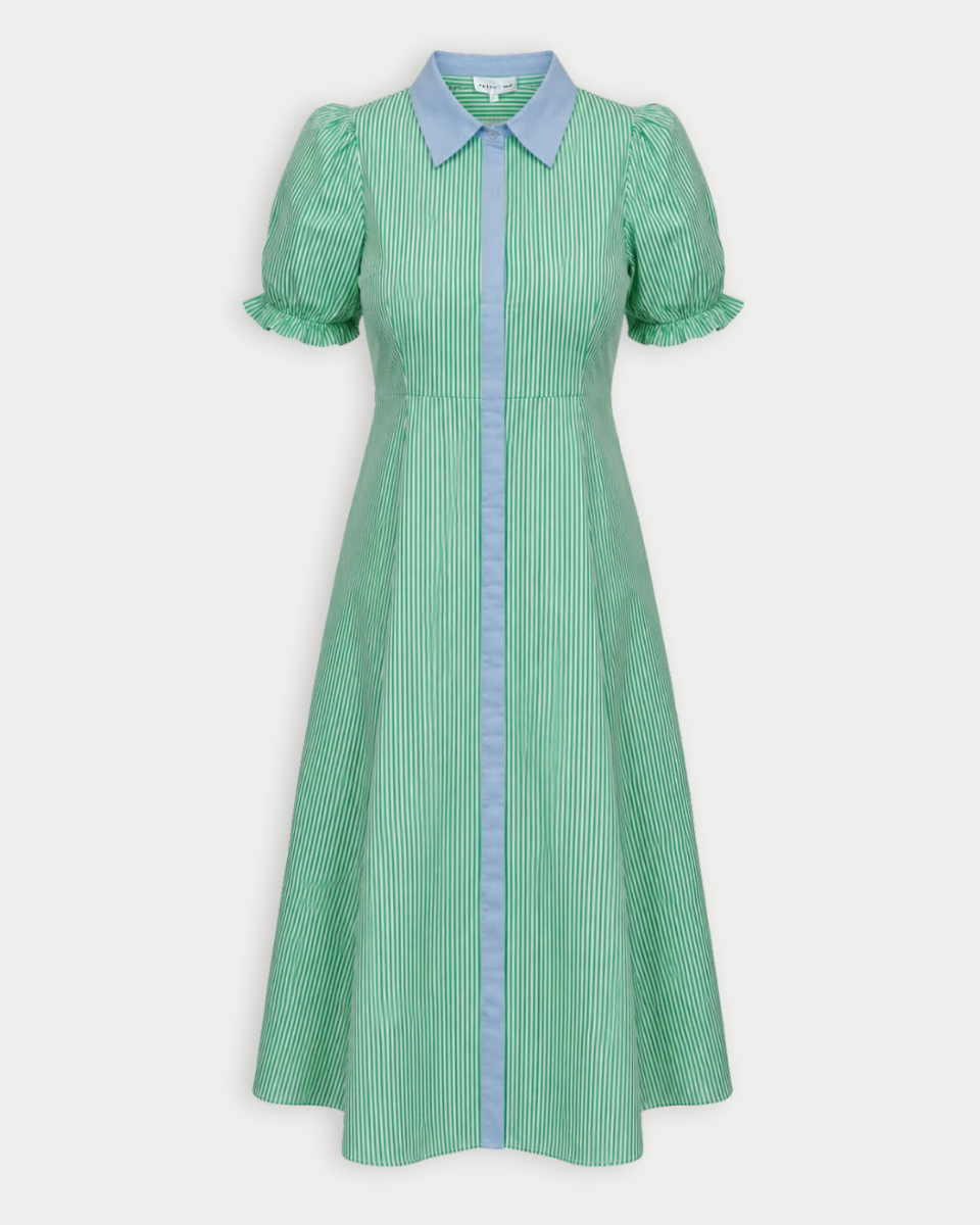 Green Striped Midi Dress with Puff Sleeves Green Striped Midi Dress with Puff Sleeves