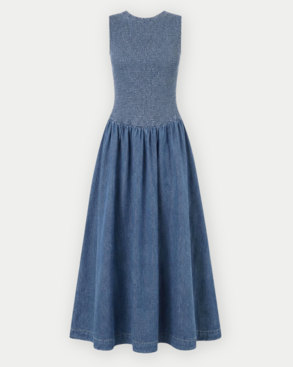 Loretta Cotton Smocked Sleeveless Denim Maxi Dress