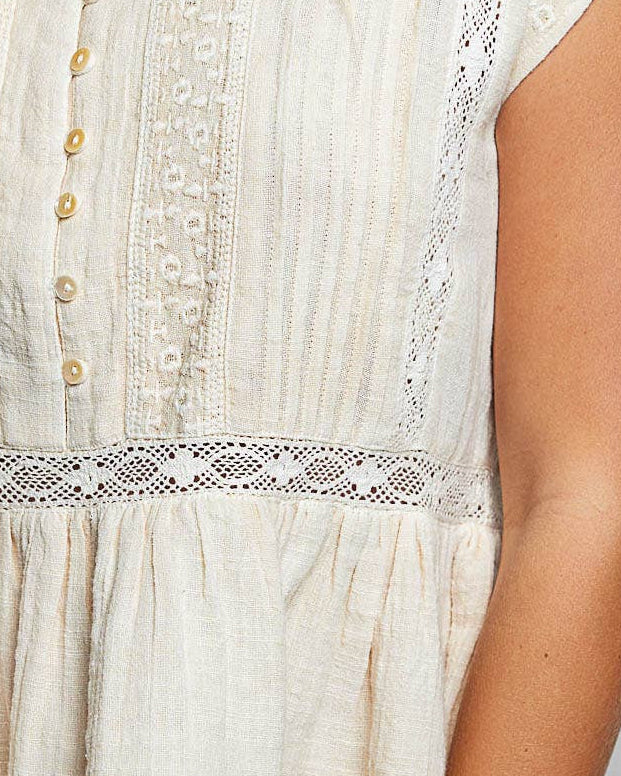 Close-up of a white lace-trimmed dress with buttons on a plain background