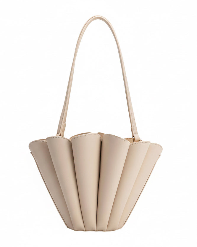 Beige handbag with a unique fan-like design on a white background
