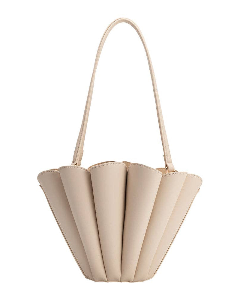 Beige handbag with a unique fan-like design on a white background