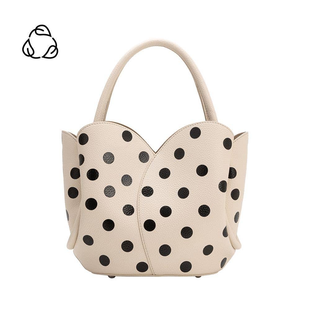 Beige handbag with black polka dots on a white background
