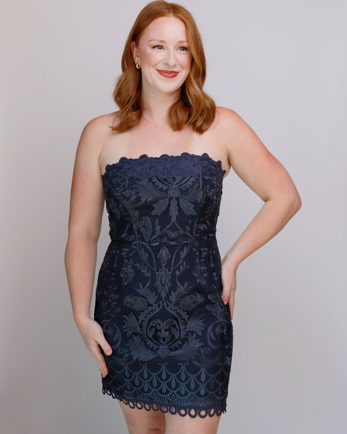 lace tube mini dress Mable Embroidered Strapless in Navy bridal shower games A Little Bit Hoodie quality materials Config Size:XL/2XL