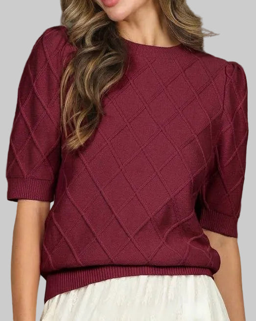 Model wearing a burgundy sweater with argyle texture on a neutral bakground