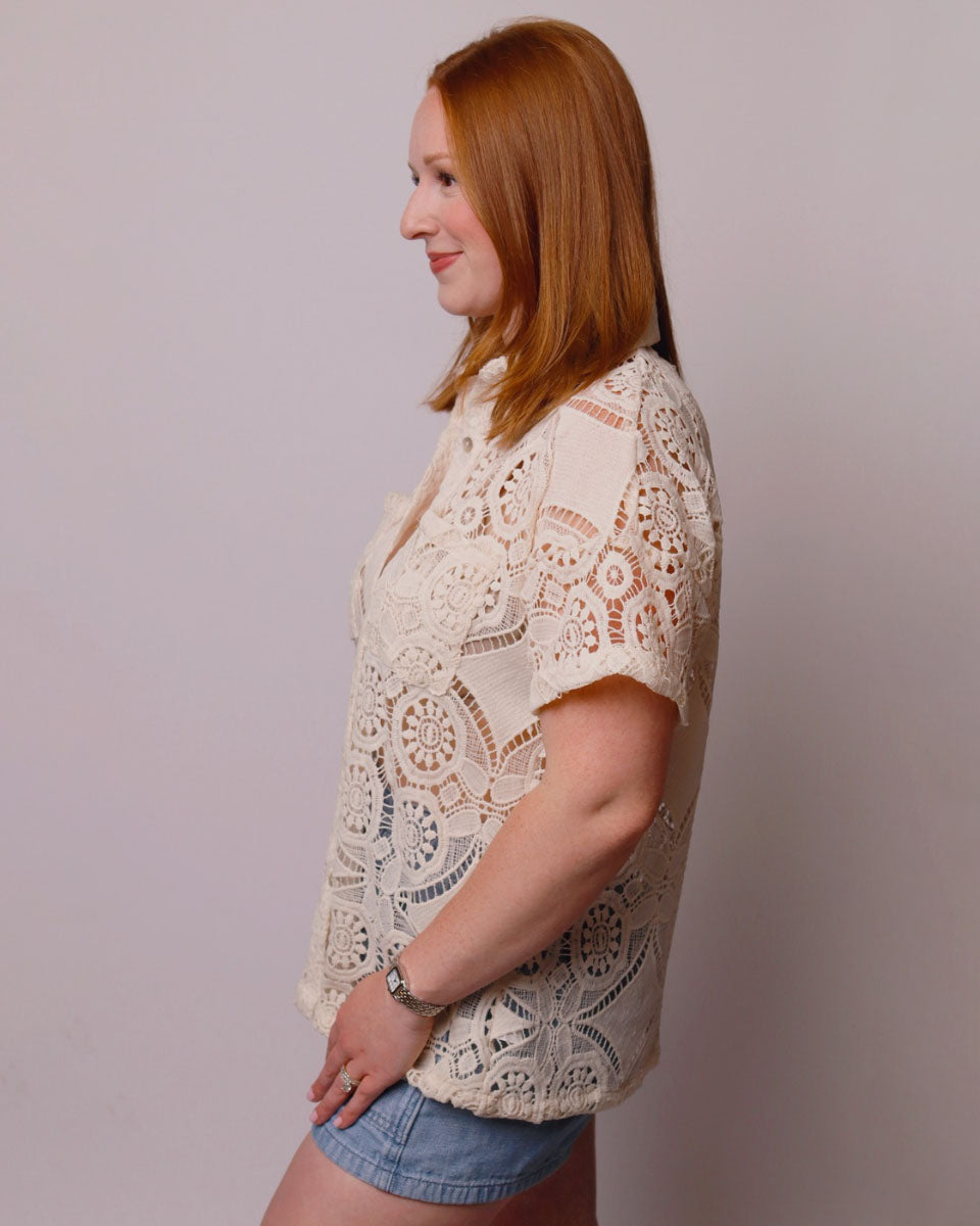 Mimi Lace Short Sleeve Button Down Boxy Fit Blouse