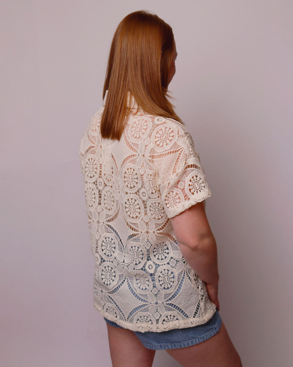 Mimi Lace Short Sleeve Button Down Boxy Fit Blouse