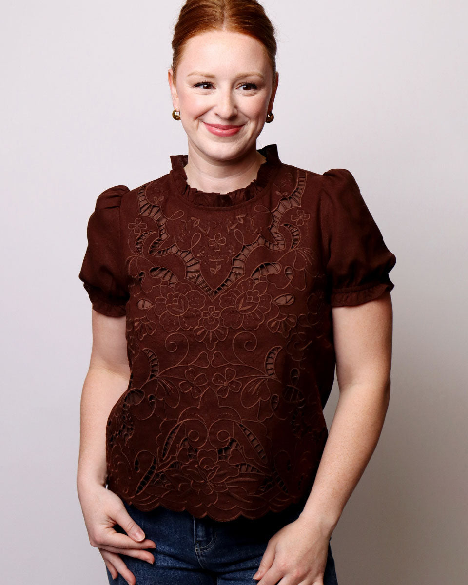 Miranda Embroidered Eyelet Blouse With Puff Sleeves