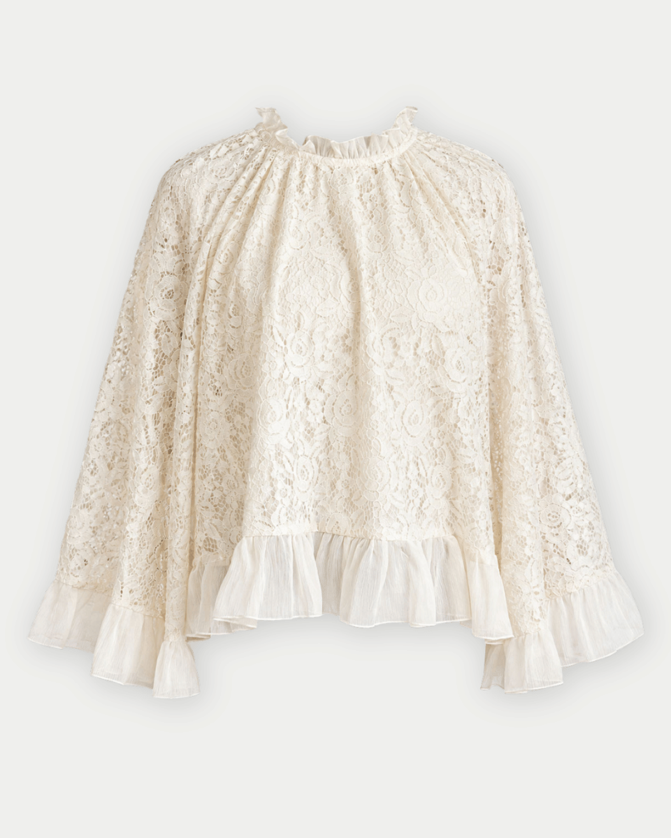 Nicolette Ruffle Neck & Hem Bell Sleeve Loose Lace Blouse | Blackbird Boutique