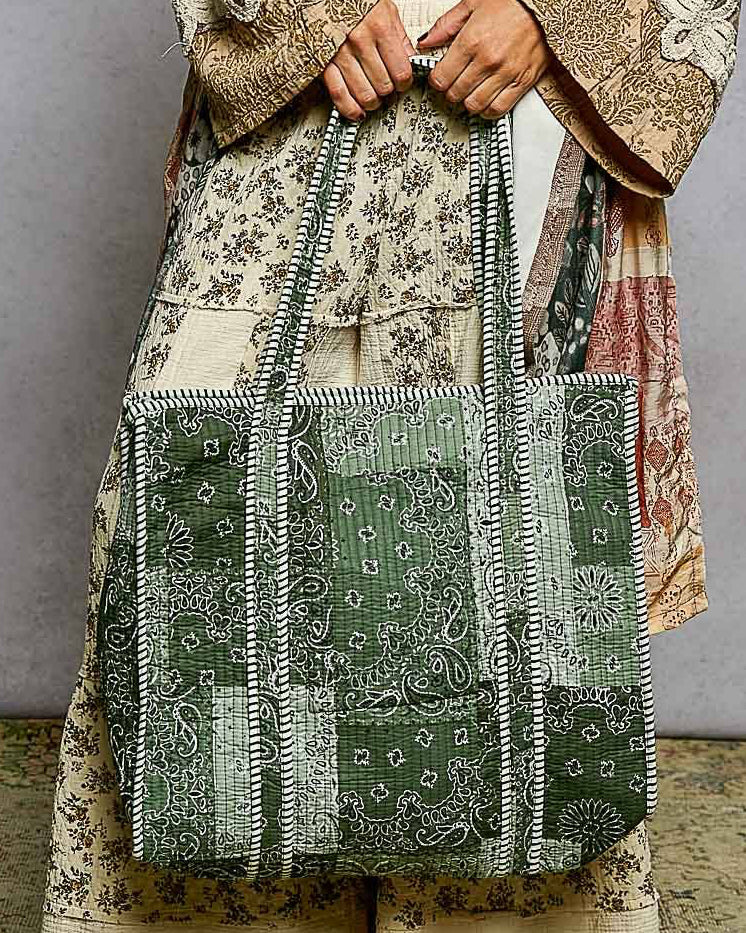 POL Quilted Striped Binding Roomy Green Tote Bag