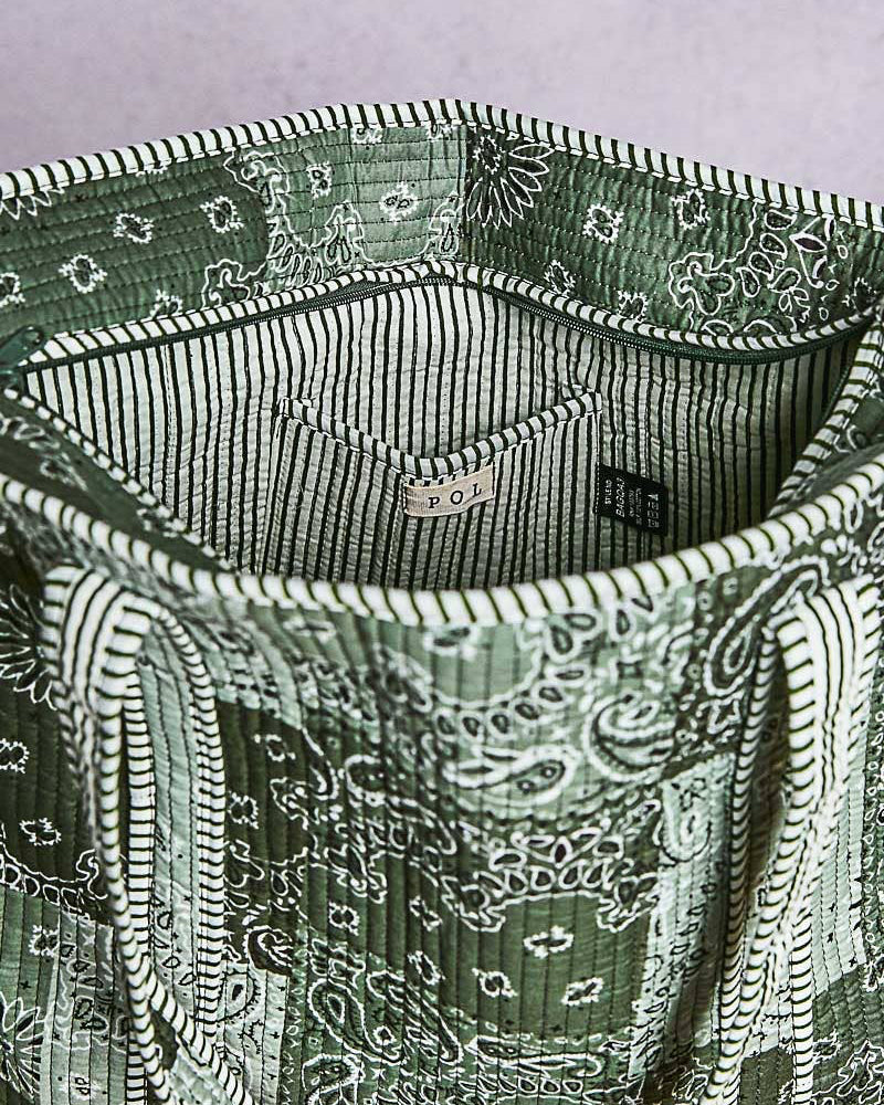 POL Quilted Striped Binding Roomy Green Tote Bag