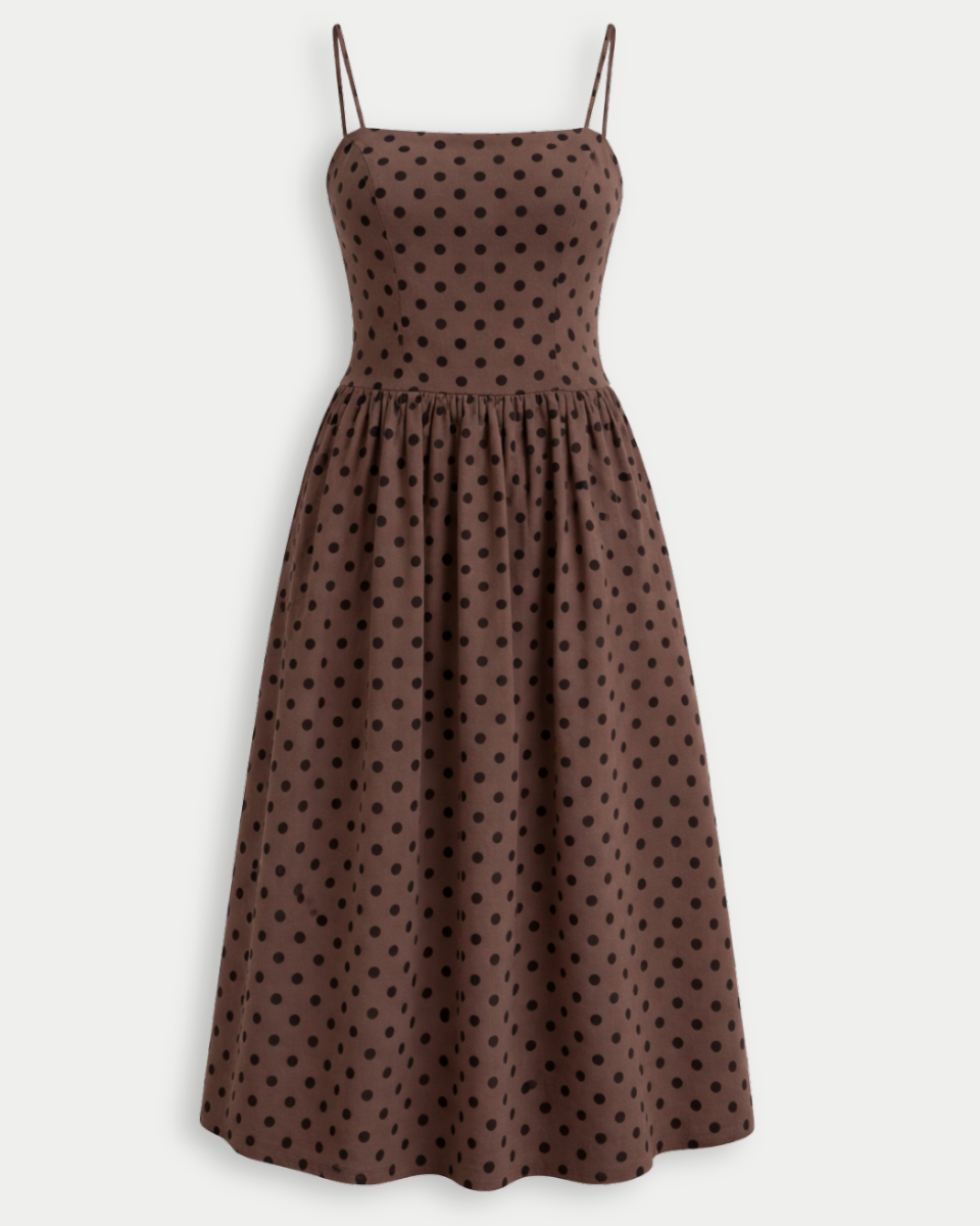 Spaghetti Strap Drop Waist Midi Dress BROWN-BLACK DOT / XS Spaghetti Strap Drop Waist Midi Dress BROWN-BLACK DOT / XS