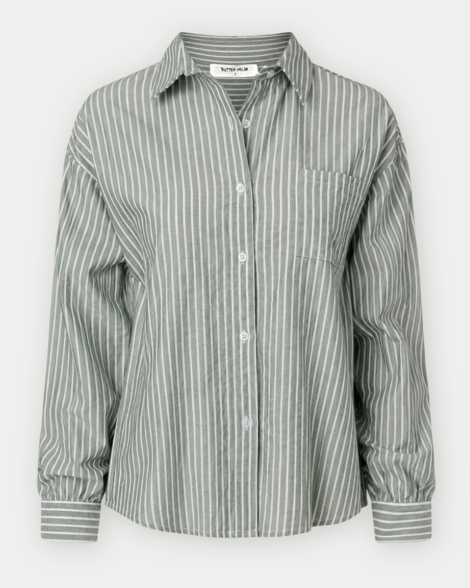 Striped Button-Up Collared Long Sleeve Shirt in Green