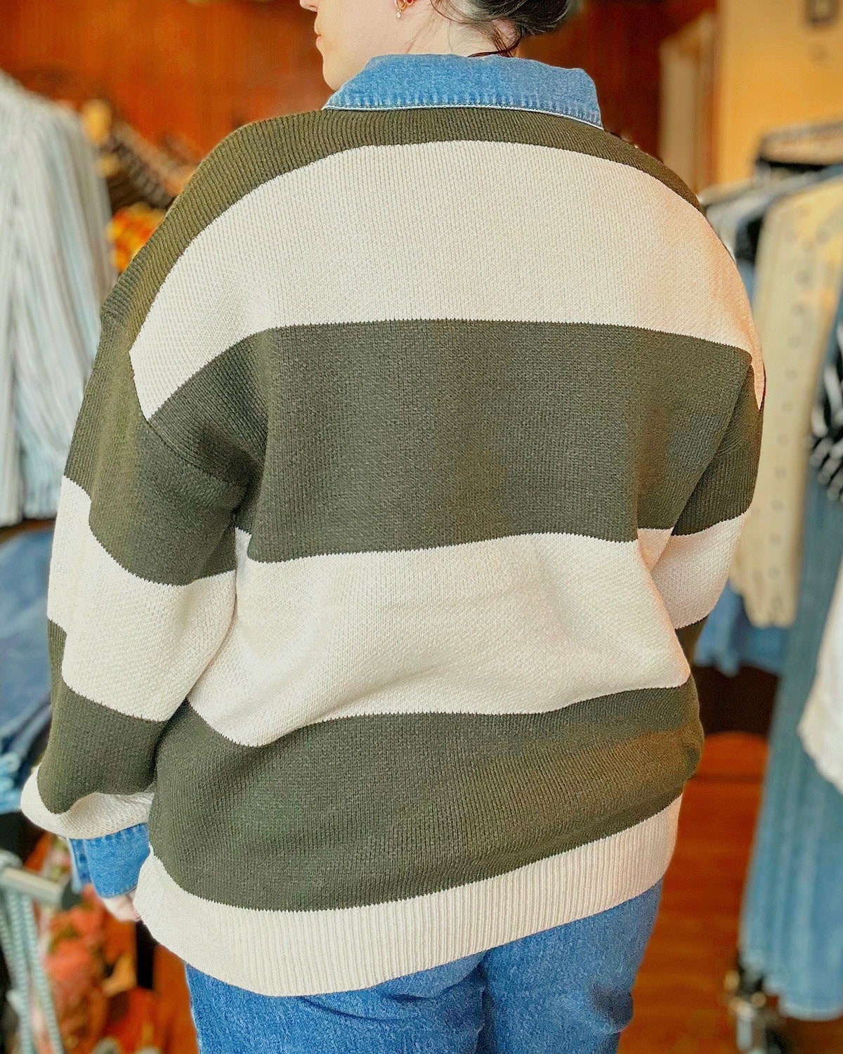 Striped Denim Collar Sweater Knit Top - Blackbird Boutique
